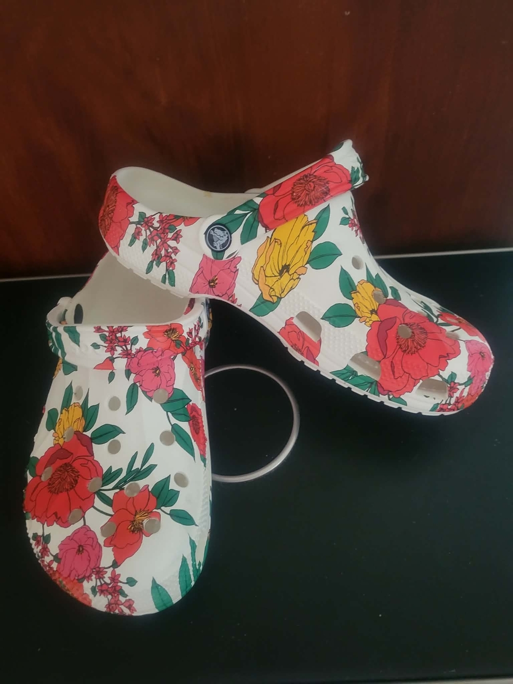 CROCS White Floral Clogs with Red, Pink & Yellow Flowers